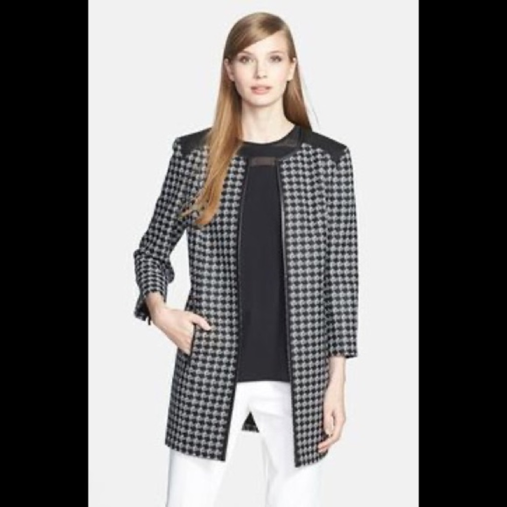 Houndstooth Blazer with Leather Trim
